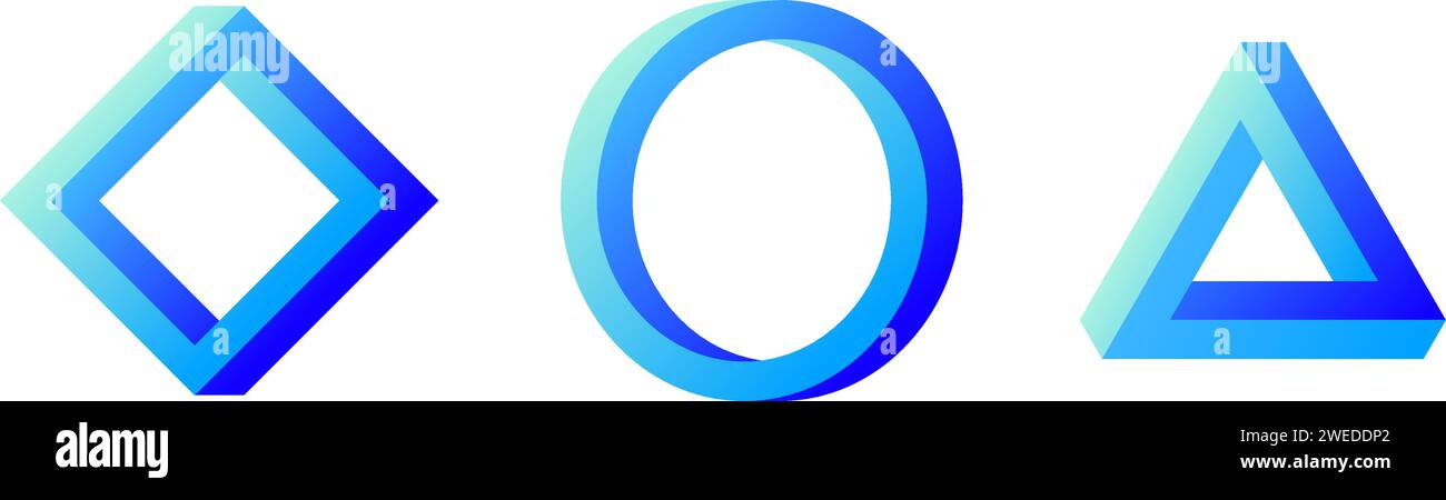 Set di forme impossibile. Illusione ottica cerchio, quadrato, triangolo. Prelievo di strisce mobius in gradiente blu. Forme geometriche irreali astratte. Elementi di design del puzzle per logo, icona, etichetta, tag. Vettore Illustrazione Vettoriale