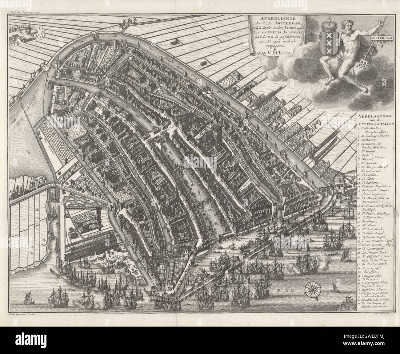 Mappa di Amsterdam in breve, anno 1544, Joost van Sassen, dopo Cornelis Anthonisz., 1729 stampa Mappa di Amsterdam in breve (orientamento Zuidzuidwest Boven) dell'anno 1544 con molte navi. In alto a destra, Neptunus siede su una nuvola con il braccio intorno al Wapen van Amsterdam. Carte di Amsterdam per incidere le mappe delle città. Aspetti specifici, aspetti allegorici di Nettuno; Nettuno come patrono Amsterdam Foto Stock Mappa di Amsterdam in breve, anno 1544, Joost van Sassen, dopo Cornelis Anthonisz., 1729 stampa Mappa di Amsterdam in breve (orientamento Zuidzuidwest Boven) dell'anno 1544 con molte navi. In alto a destra, Neptunus siede su una nuvola con il braccio intorno al Wapen van Amsterdam. Carte di Amsterdam per incidere le mappe delle città. Aspetti specifici, aspetti allegorici di Nettuno; Nettuno come patrono Amsterdam Foto Stock