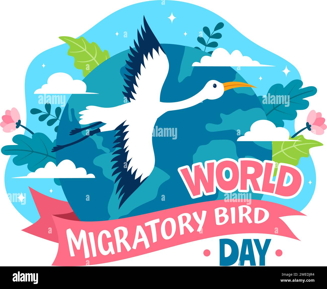 Illustrazione vettoriale del World Migratory Bird Day con i gruppi di migrazioni uccelli e i loro habitat per gli ecosistemi acquatici viventi sullo sfondo di un cartone animato piatto Illustrazione Vettoriale