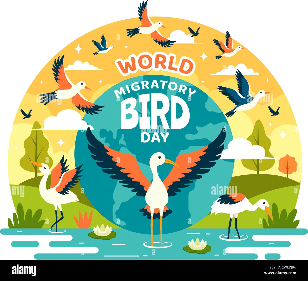 Illustrazione vettoriale del World Migratory Bird Day con i gruppi di migrazioni uccelli e i loro habitat per gli ecosistemi acquatici viventi sullo sfondo di un cartone animato piatto Illustrazione Vettoriale
