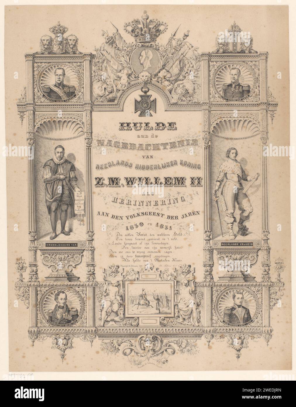 Ricordo delle feste popolari del 1830 e del 1831 e re Willem II, Johan Nicolaas Huys (II), dopo Gerrit Eduard Meijer, stampa del 1856 in cima, e Profil, il ritratto di re Willem II circondato da armi, fiori la corona e la croce metallica 1830-1831. Nel bordo ornamentale sono raffigurate le seguenti persone: Il generale barone Chassé, il tenente generale di Geen, Willem van Oranje, il principe Frederik Hendrik van Oranje e gli eroi marini Jan Coenraad Koopman e Jan van Speijk. Nel mezzo di una scena con re Guglielmo II a cavallo per il suo esercito, un riferimento alla fine dei rivoltosi belgi Foto Stock