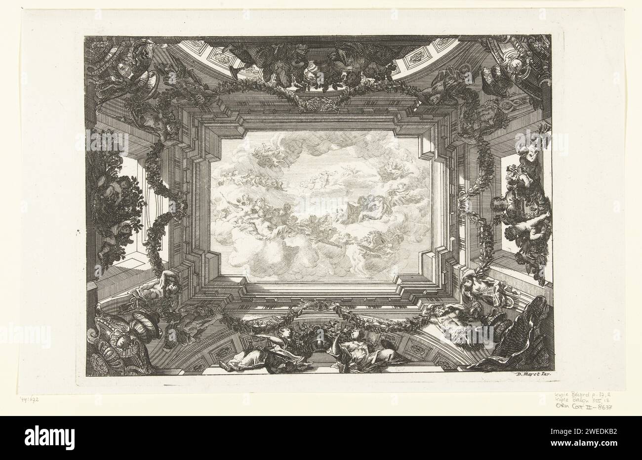 Trompe -l'oeil soffitto con esecuzione mitologica, Anonimo, Daniël Marot (i), dopo il 1703 - prima del 1800 soffitto stampato con centrotavola rettangolare con una rappresentazione mitologica sostenuta da termini. I lati lunghi sostenuti da due archi. Negli angoli sono visibili le console con una maschera e un vaso. Copia passata in stampa da serie con soffitti disegnati e pubblicati da Daniel Marot. Incisione della carta nei Paesi Bassi (possibilmente) Foto Stock