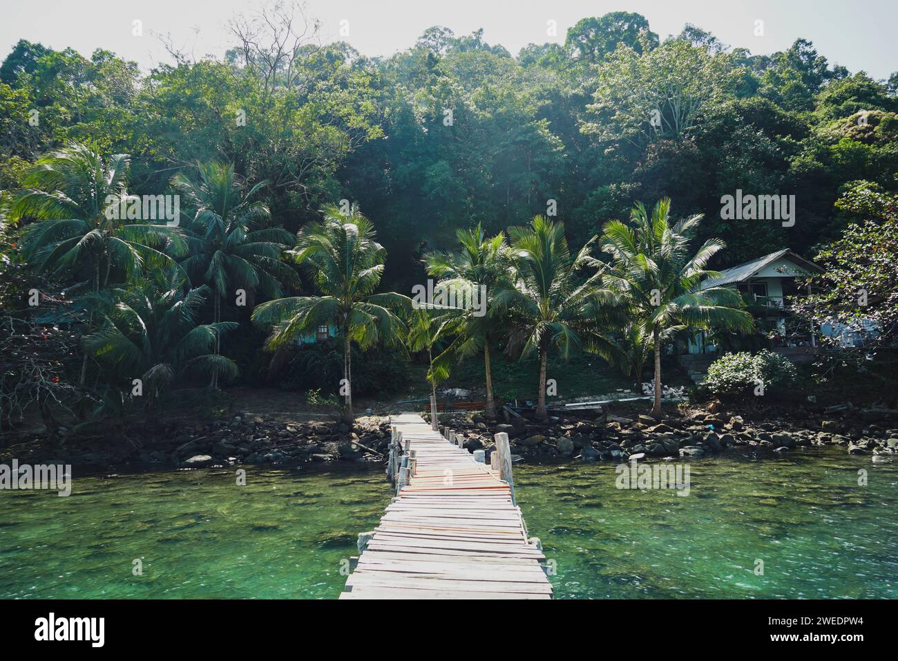 Lungo ponte di legno che porta al mare nella splendida isola tropicale. Tranquillo paesaggio panoramico. Molo di legno presso la spiaggia di Bang Bao, isola di Koh Kood, Thailandia, TR Foto Stock