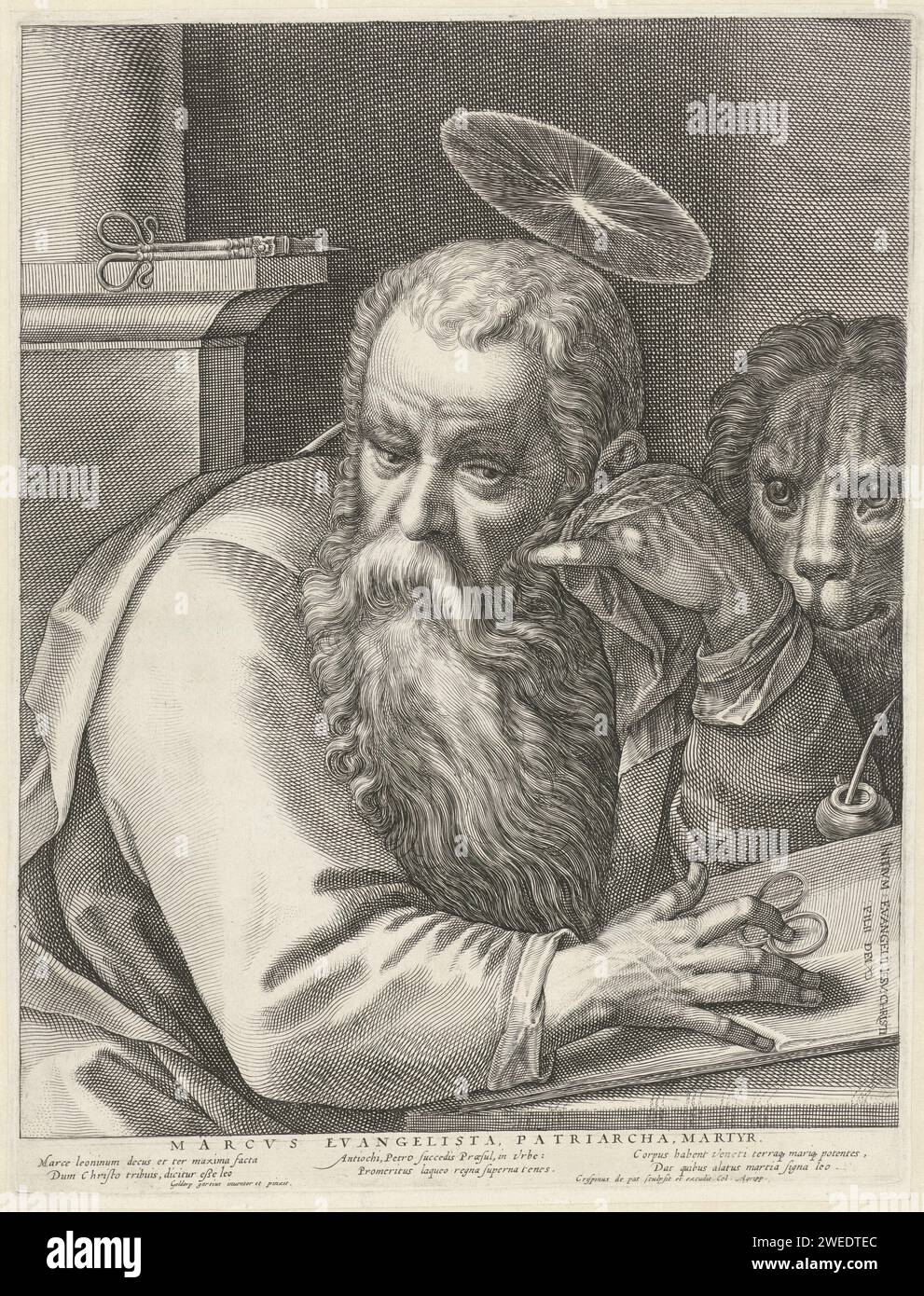 L'evangelista Marcus, Crispijn van de Passe (i), dopo Gortzius Geldorp, 1607 stampa Busto dell'evangelista Marcus che scrive il suo Vangelo. Dietro di lui il suo attributo de Leeuw. Nel margine una didascalia a sei righe, in tre colonne, in latino. Stampa da una serie di quattro con gli evangelisti. Carta di Colonia incisione St. Segnate l'evangelista che scrive il Vangelo, di solito un leone (alato) presente Foto Stock