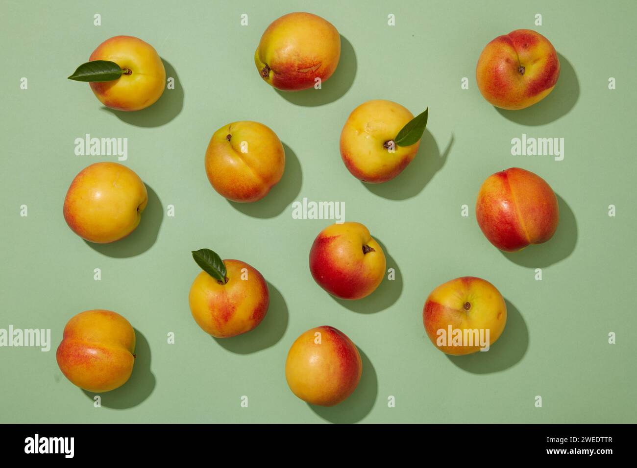 Piatto piatto dall'alto con pesche mature fresche (prunus persica) su sfondo verde pastello. Scenario minimo per la pubblicità di prodotti con pesca Foto Stock