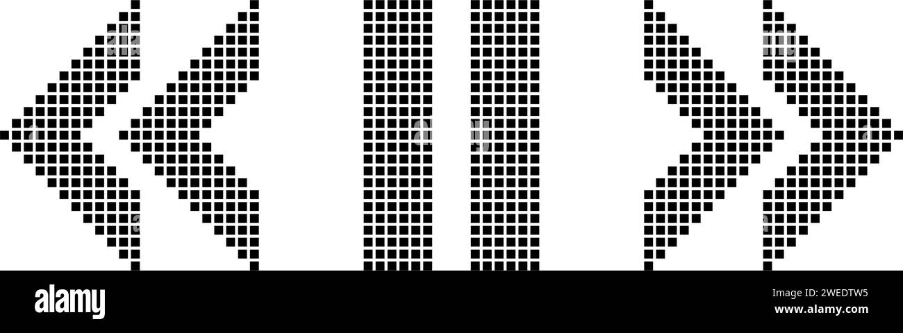 I pulsanti di riavvolgimento, pausa e avanzamento le frecce dei pixel neri sono impostate su uno sfondo bianco. Il movimento del lettore o l'interruzione nei videogiochi retrò. Ancien Illustrazione Vettoriale