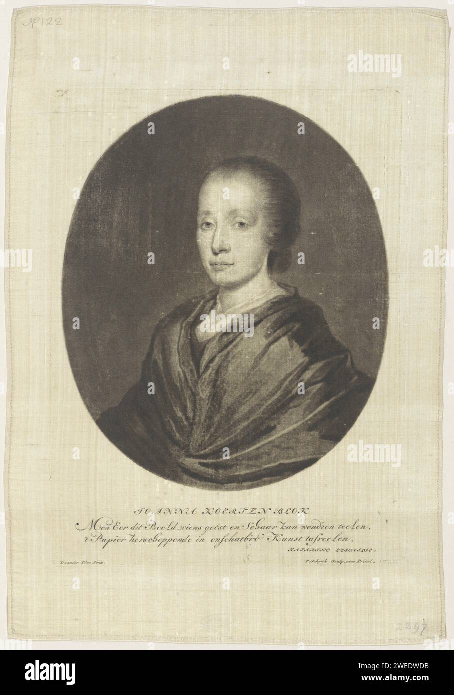 Ritratto dell'artista tagliata Johanna Kertten, Pieter Schenk (i), dopo David van der Plas, stampa del 1701 Amsterdam Seta incisione ritratto, autoritratto dell'artista Foto Stock