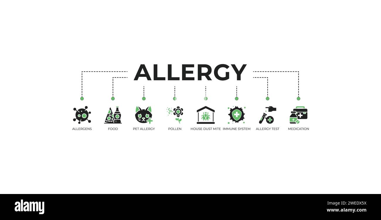 Banner per allergie: Concetto di illustrazione vettoriale con icone di allergeni, alimenti, allergie animali domestici, polline, acari della polvere, sistema immunitario, test di allergia Illustrazione Vettoriale
