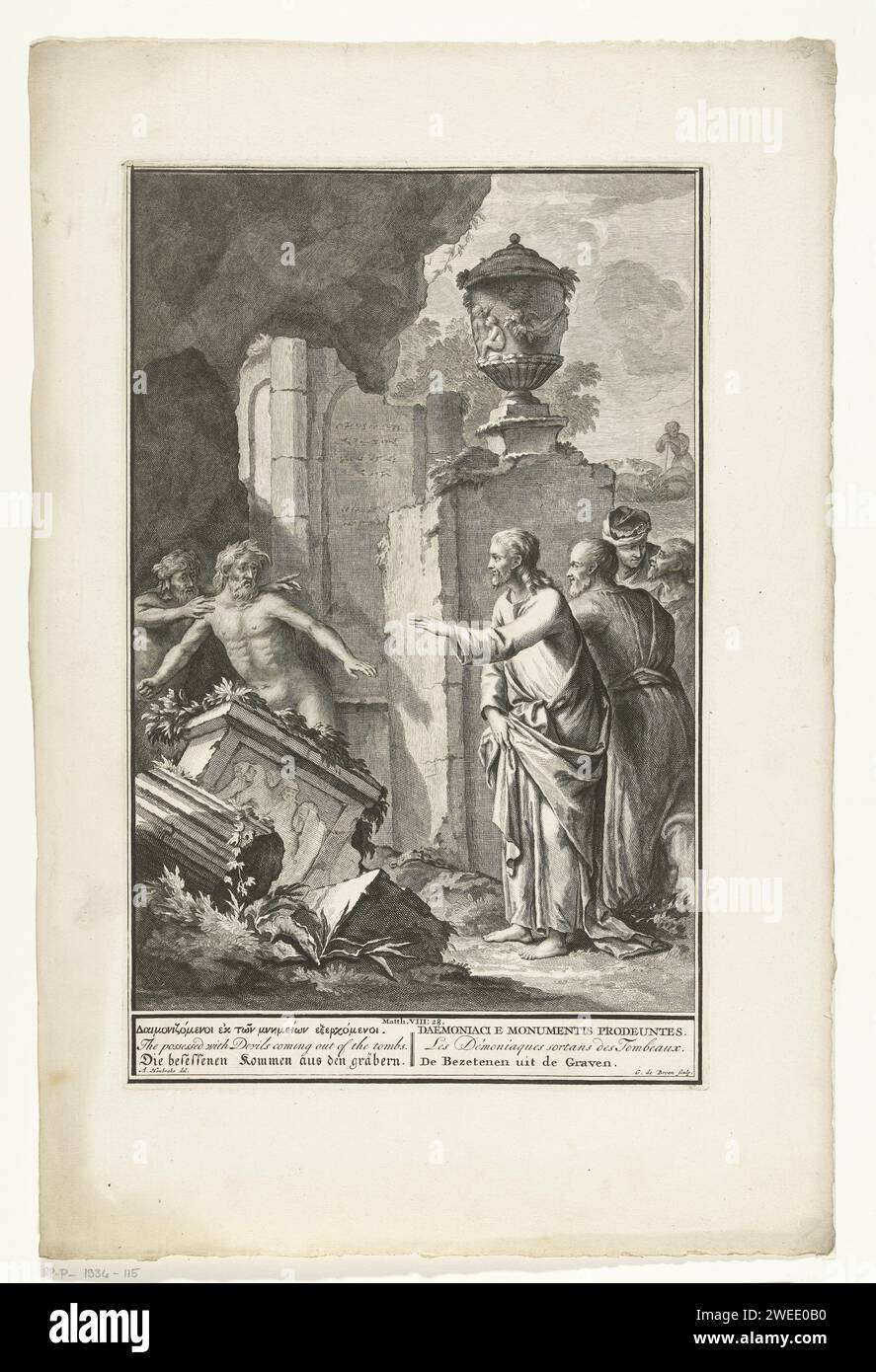 Cristo e il posseduto, Gerrit de Broen (II), dopo Arnold Houbraken, c. 1720 - c. 1728 stampa Cristo e i suoi studenti incontrano due possedimenti in una tomba. Nessuno osa superare i posseduti. Chiedono aiuto a Cristo e li manda in una mandria di maiali che si trovano più in basso in un lago. I maiali si tuffano tutti nel lago e le persone possedute sono sollevate dai loro demoni. Illustrazione dal nuovo Testamento, Mat. 8, 28. Sotto lo spettacolo un titolo in greco, inglese, tedesco, latino, francese e olandese. Amsterdam carta incisione guarigione di due (o uno) posseduto a Gerasa (Gadara) (Matteo 8:28-34; Marco Foto Stock