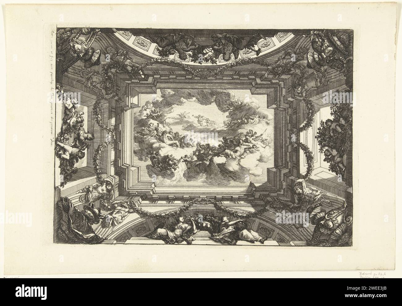 Soffitto trompe-l'oeil con esecuzione mitologica, Daniël Marot (i), soffitto a 1712 stampe con centrotavola rettangolare con una rappresentazione mitologica sostenuta da termini. I lati lunghi sostenuti da due archi. Negli angoli sono visibili le console con una maschera e un vaso. Dalla serie di 6 (forse 12) fogli. Tipografia: Olanda (possibilmente)dopo il proprio disegno di: Olanda (possibilmente)editore: Amsterdam paper etching Foto Stock