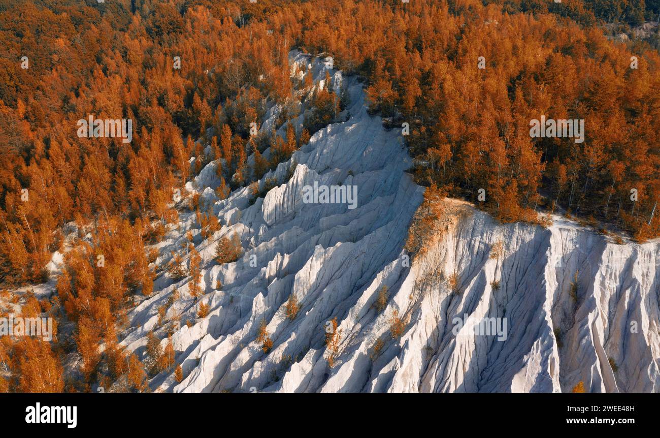 Vecchia collina artificiale da macerie nella foresta autunnale. Estrazione di pietre frantumate. Bellissimi pendii lavati con pioggia di macerie. Vista aerea. Foto Stock