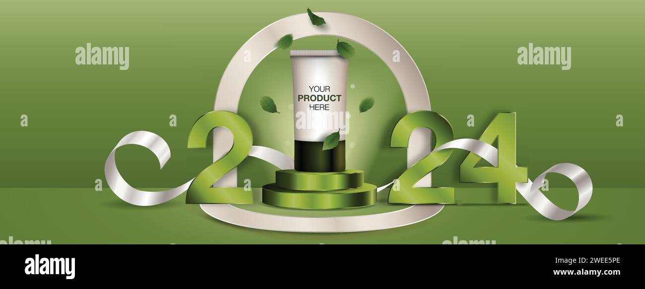 Versione del podio del palco vincitore per l'esposizione di prodotti cosmetici per l'anno 2024 con sfondo banner verde e design vettoriale Illustrazione Vettoriale