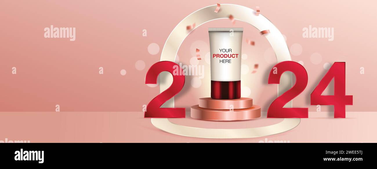 Vincitore del podio per l'esposizione di prodotti cosmetici per l'anno 2024 su sfondo banner rosa con spazio di copia e design vettoriale Illustrazione Vettoriale