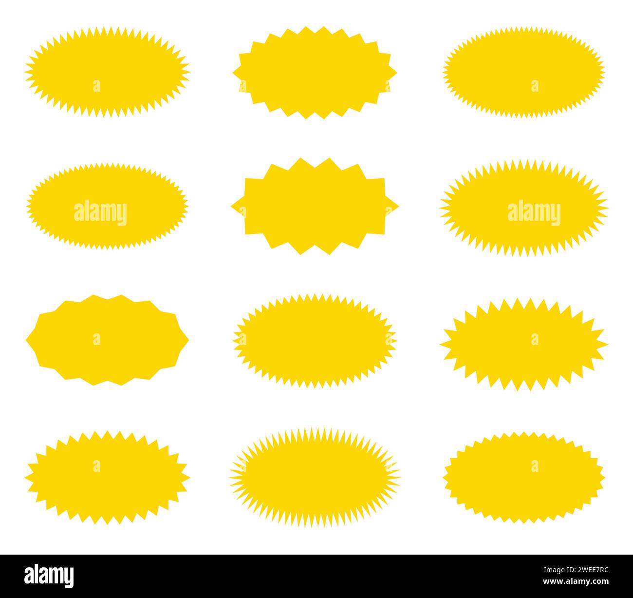 Set di adesivi gialli Starburst. Raccolta. Offerta speciale in vendita etichette e badge per scoppi solari ovali e rotondi. Adesivi promozionali con bordi a stella. Vettore Illustrazione Vettoriale