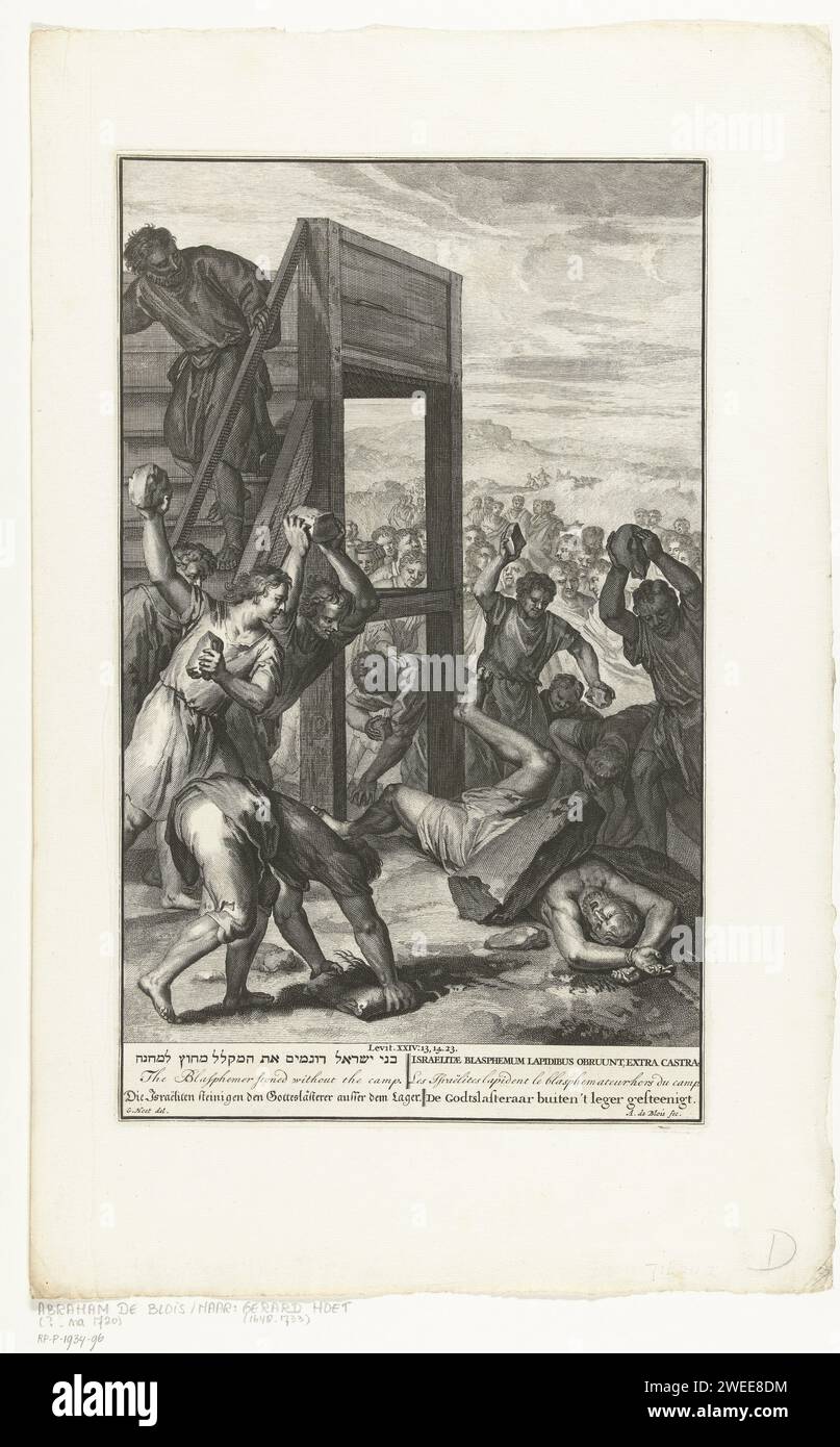 L'uomo che ha ucciso il nome di Dio è lapidato, Abraham de Blois, dopo Gerard Hoet (i), 1720 - 1728 stampa Un uomo che ha ucciso il nome di Dio con una maledizione, figlio di Shelomita, è lapidato dagli Israeliti (Levitico 24, 10-23). Sotto lo show c'è il titolo in sei lingue. Tipografia: Amsterdampublisher: La carta dell'Aia che incide il figlio di Shelomith è lapidata a morte dagli Israeliti. morte violenta per lapidazione Foto Stock