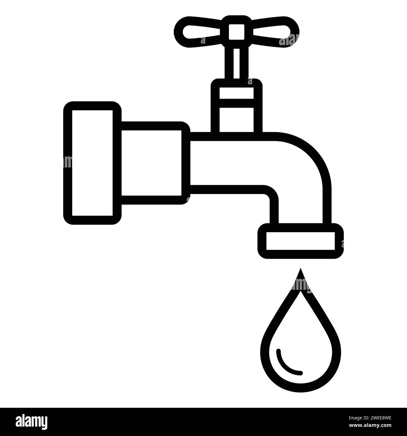 Rubinetto dell'acqua con goccia. Rubinetto piatto con gocciolamento tubo. Ruotare il rubinetto del flusso. Icona vettoriale per la casa, l'economia e il bagno. Isolato su sfondo bianco. Illustrazione Vettoriale