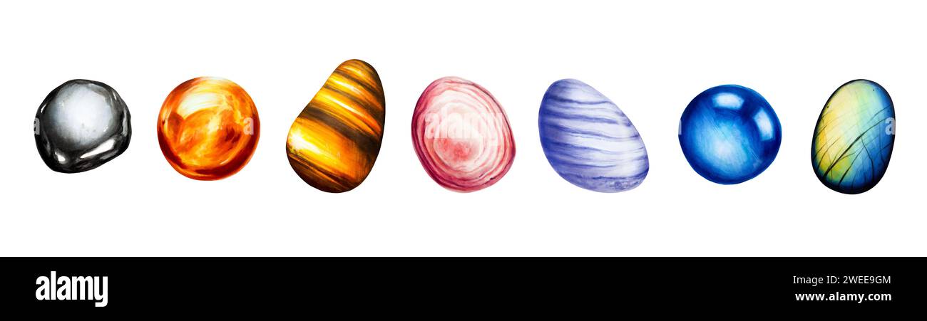 Acquerello radice e sacrale disegnate a mano, plesso solare, terzo occhio, cuore e corona chakra gemma illustrazioni isolate. Hematit, calcite arancione e c Foto Stock