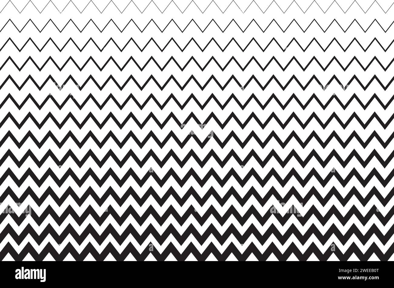 Linee a zig-zag orizzontali di diversi spessori. Sfondo con motivo a zig zag bianco e nero. Struttura a strisce dentellate parallele. Minimalista Illustrazione Vettoriale