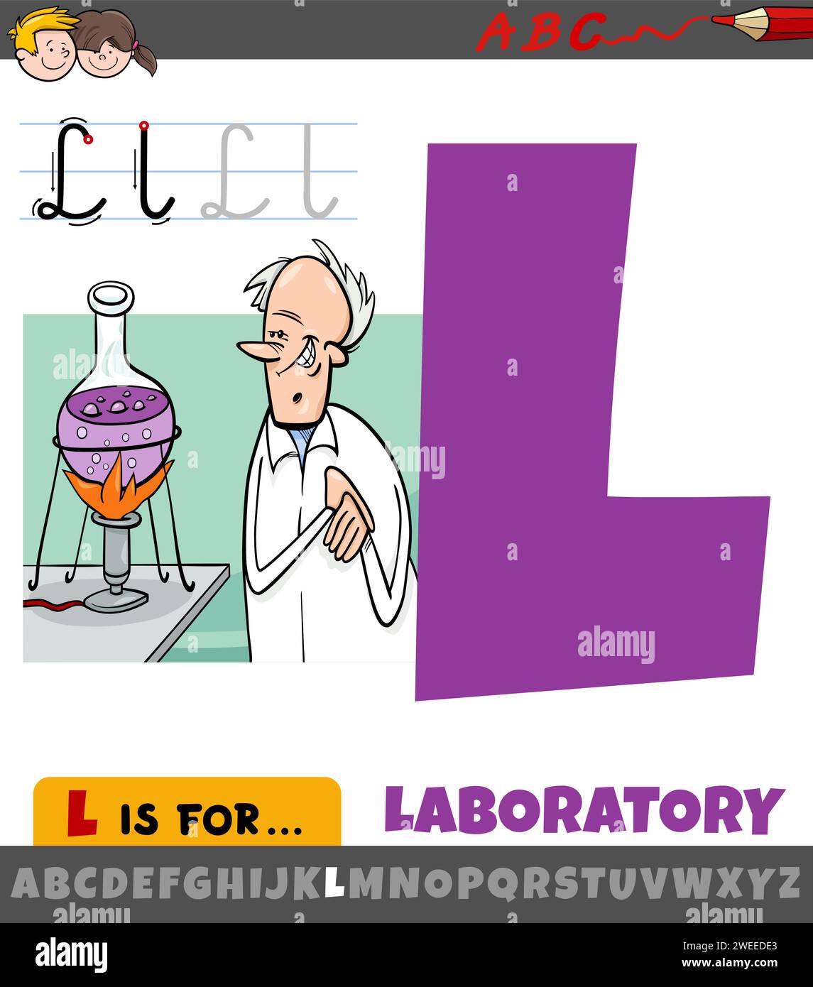 Illustrazione di cartoni animati didattici della lettera L dall'alfabeto con parola di laboratorio Illustrazione Vettoriale