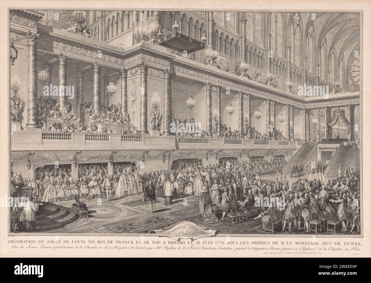 Luigi XVI presta il santo giuramento, Jean Michel Moreau, 1779 stampa Luigi XVI presta il santo giuramento nella cattedrale di Reims, 11 giugno 1775. Incisione/incisione di carta della Francia nuovo sovrano che presta giuramento alla Cattedrale di Reims Foto Stock