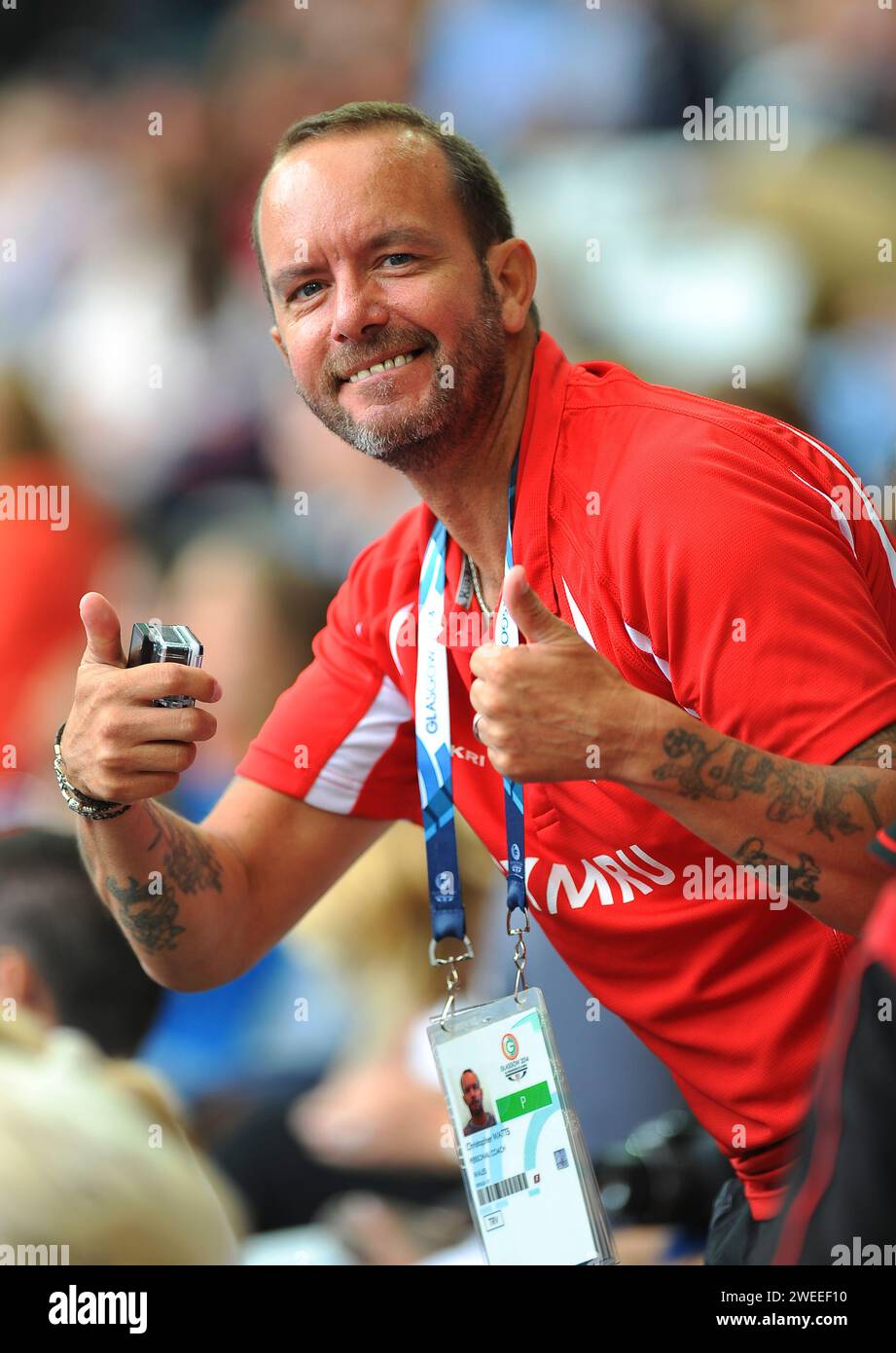 Chris Watts, allenatore gallese Javelin, XX Giochi del Commonwealth, Hampden Park, Glasgow, Scozia Regno Unito dal 27 luglio al 2 agosto 2014. Foto di Gary Mitchell Foto Stock