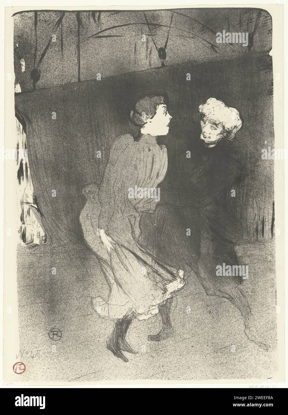 Ritratto di Emilienne d'Aleno e Mariquita durante le prove generali nelle Folies-Bergère, Henri de Toulouse-Lautrec, 1893 stampa gruppo di attori, troupe; attori sul palco Foto Stock