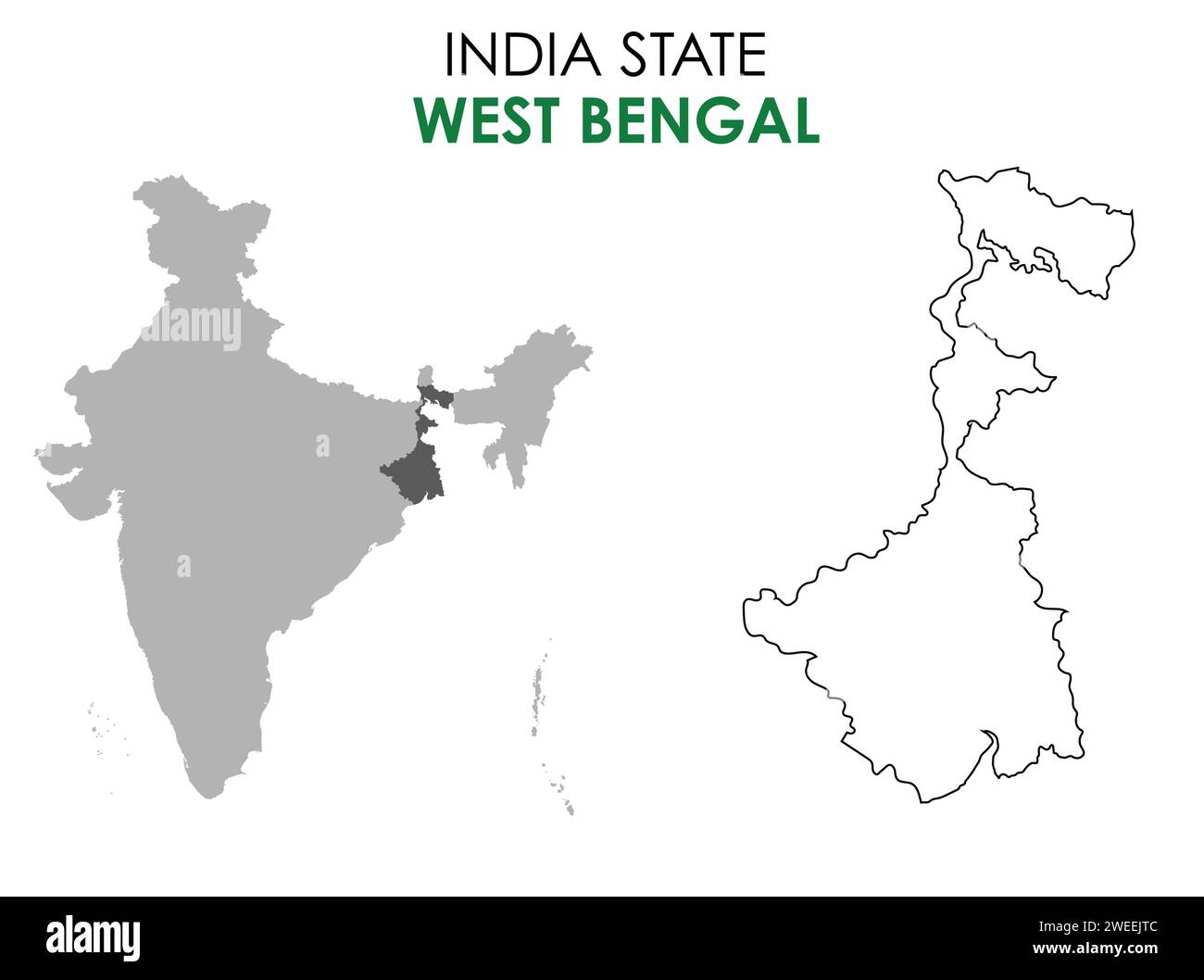 Mappa dello stato indiano del Bengala occidentale. Illustrazione vettoriale mappa di Calcutta. Sfondo bianco. Illustrazione Vettoriale