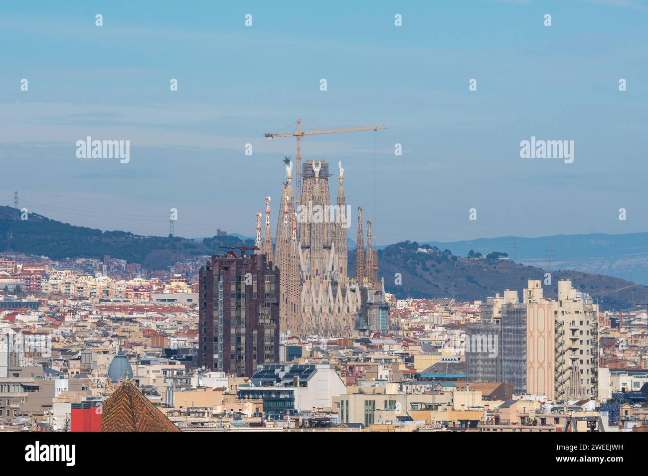 Vista della Sagrada Familia dall'alto angolo Foto Stock