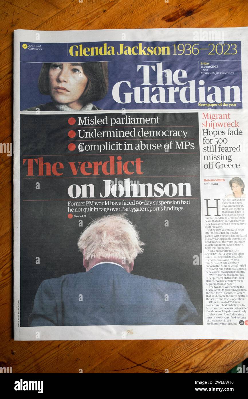 Il rapporto Partygate 'The Verdict on (Boris) Johnson' ha ingannato il sito del Parliament Guardian Headline findings article16 giugno 2017 Londra Regno Unito Gran Bretagna Foto Stock