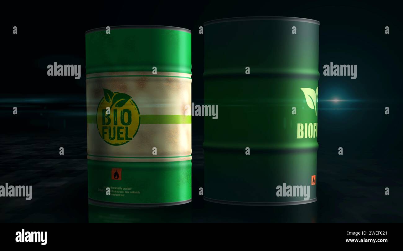 Barili di combustibile greggio brant per petrolio a biocarburante nel concetto ROW. Illustrazione 3d dei contenitori industriali per l'energia sostenibile e l'olio biodiesel. Foto Stock