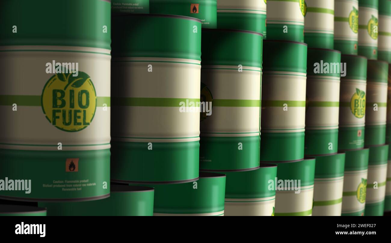 Barili di combustibile greggio brant per petrolio a biocarburante nel concetto ROW. Illustrazione 3d dei contenitori industriali per l'energia sostenibile e l'olio biodiesel. Foto Stock