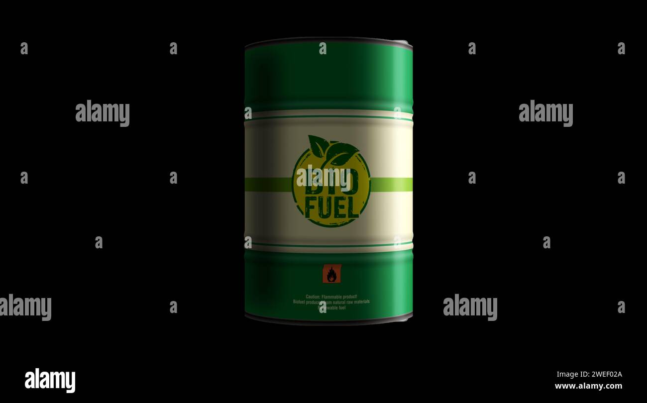 Barili di combustibile greggio brant per petrolio a biocarburante nel concetto ROW. Illustrazione 3d dei contenitori industriali per l'energia sostenibile e l'olio biodiesel. Foto Stock
