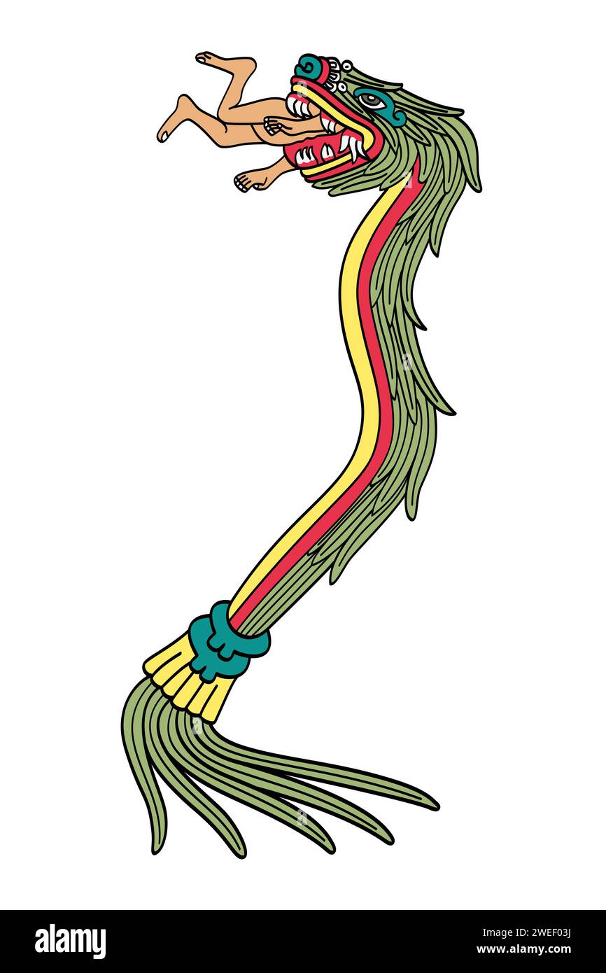 Quetzalcoatl divora un umano. dio azteco della vita, della luce e della saggezza, signore del giorno e dei venti, come raffigurato nel Codex Borbonicus. Serpente piombato. Foto Stock