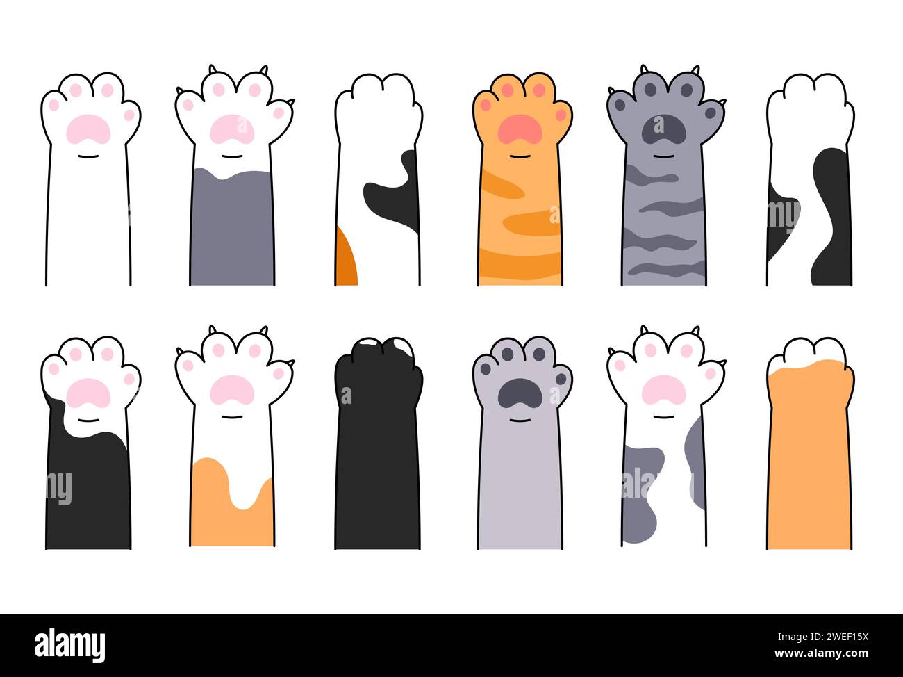 Zampe di gatto, animali domestici, mani di animali, set di illustrazioni in stile fumetto. Disegni vettoriali. Illustrazione Vettoriale