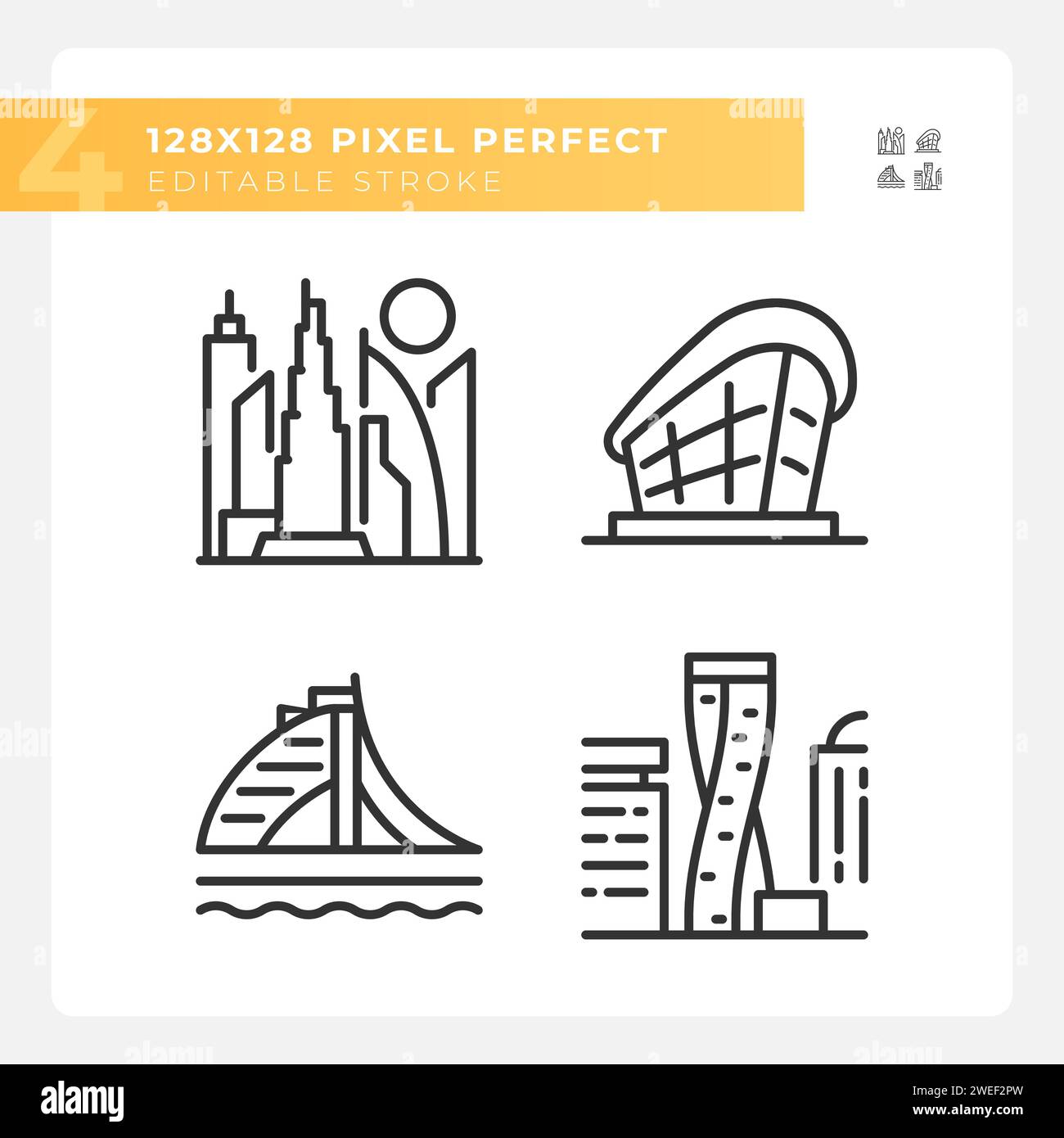 Set di icone lineari per monumenti architettonici moderni di Dubai Illustrazione Vettoriale