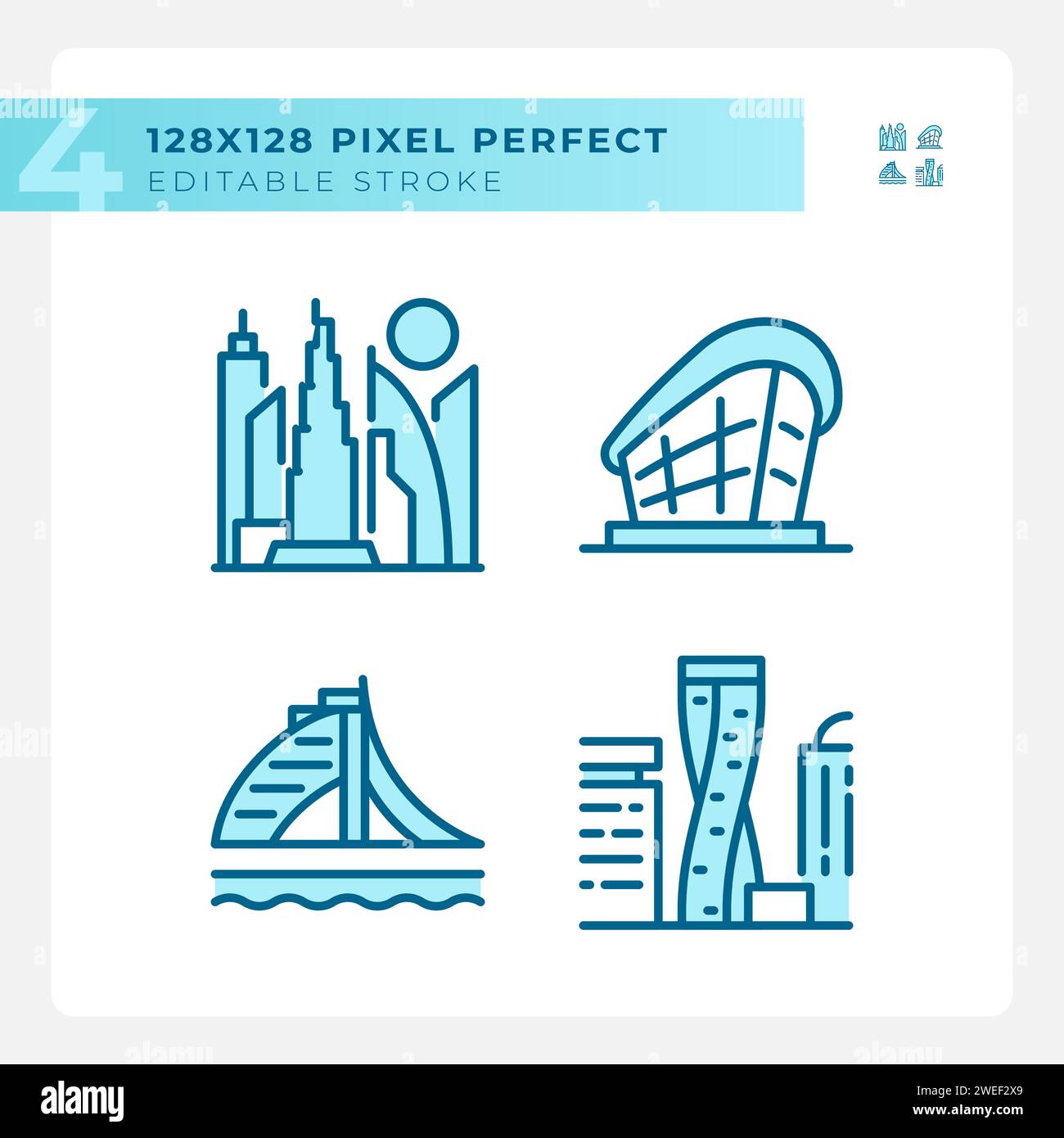Monumenti architettonici moderni di Dubai, icone azzurre Illustrazione Vettoriale