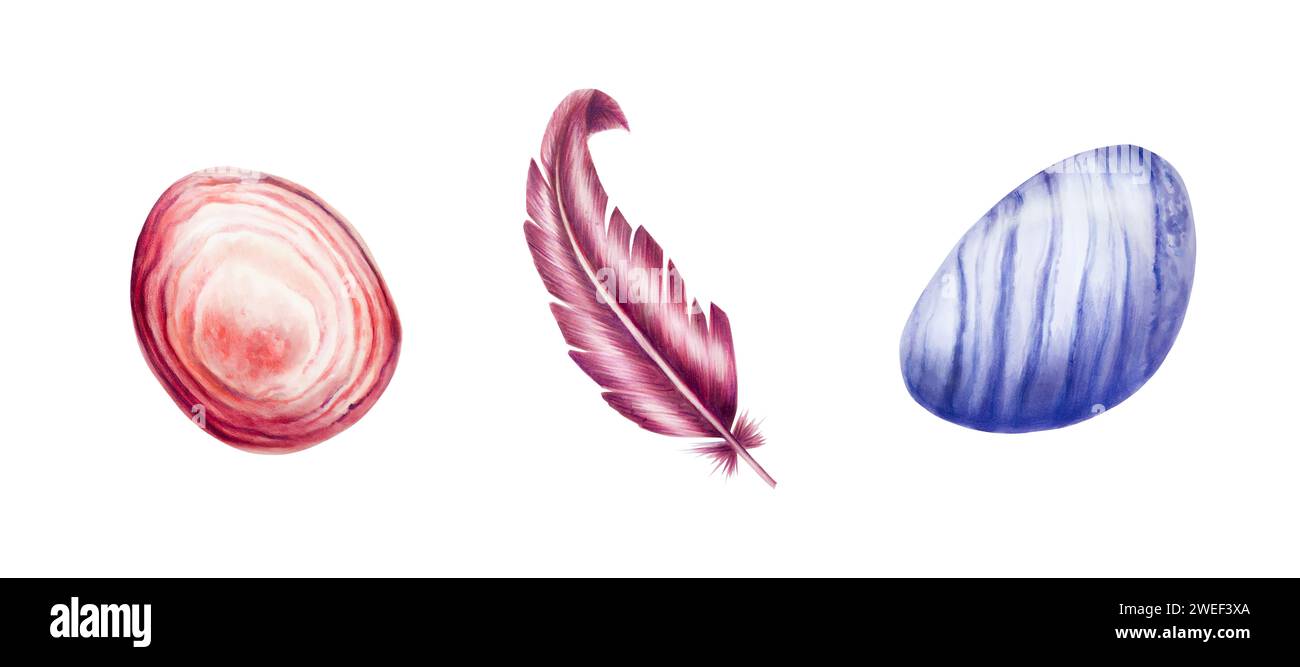 Acquerello pietra disegnata a mano per cuore, plesso solare, chakra e piume rosa. Agato di pizzo blu, rodocrosite. Illustrazione al quarzo rosa curativo naturale Foto Stock