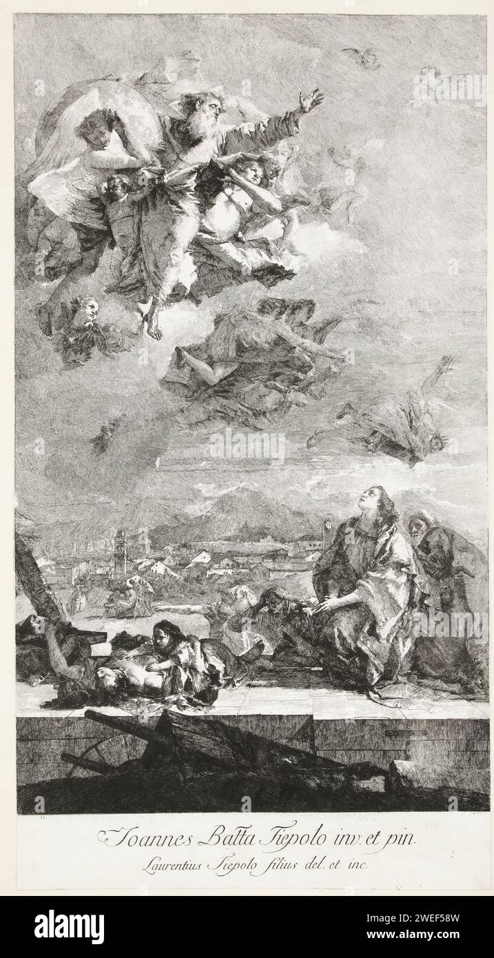 Santa tecla in preghiera per la peste - puzzolo, Lorenzo Baldissera Tiepolo, dopo Giovanni Battista Tiepolo, 1759 - 1776 carta stampata che incide la vergine martire Tecla di Iconio; possibili attributi: Orso, (palla di) fiamme, leone, pilastro, serpenti Foto Stock