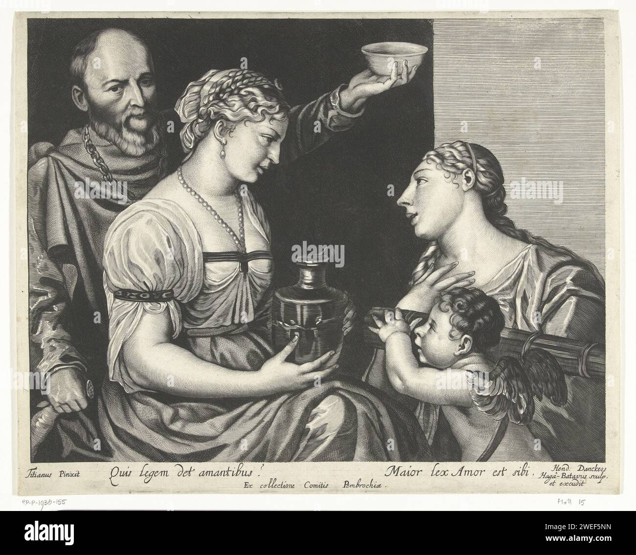 Due persone care con Amor e Venere, Hendrick Danckerts, dopo Tiziano, stampa 1635 - 1679 due amanti con una zampa e una ciotola con bevanda d'amore, con loro personificazioni d'amore, amor con un fascio di frecce e venere. Alla fine del margine una regola latina di testo sull'amore che la sua stessa legge conosce, citazione del filosofo Anicius Manlius Severinus Boethius dalla consolazione Philosophiae. L'Aia incide un paio di amanti. L'amore personificato. Venere e Cupido (Cupido non è un semplice attributo) Foto Stock