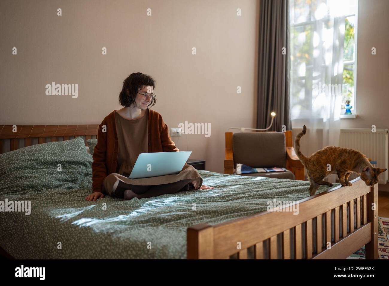 Ragazza freelance che lavora su un computer portatile seduto a letto a guardare il gatto domestico a casa, distratta dal lavoro. Foto Stock