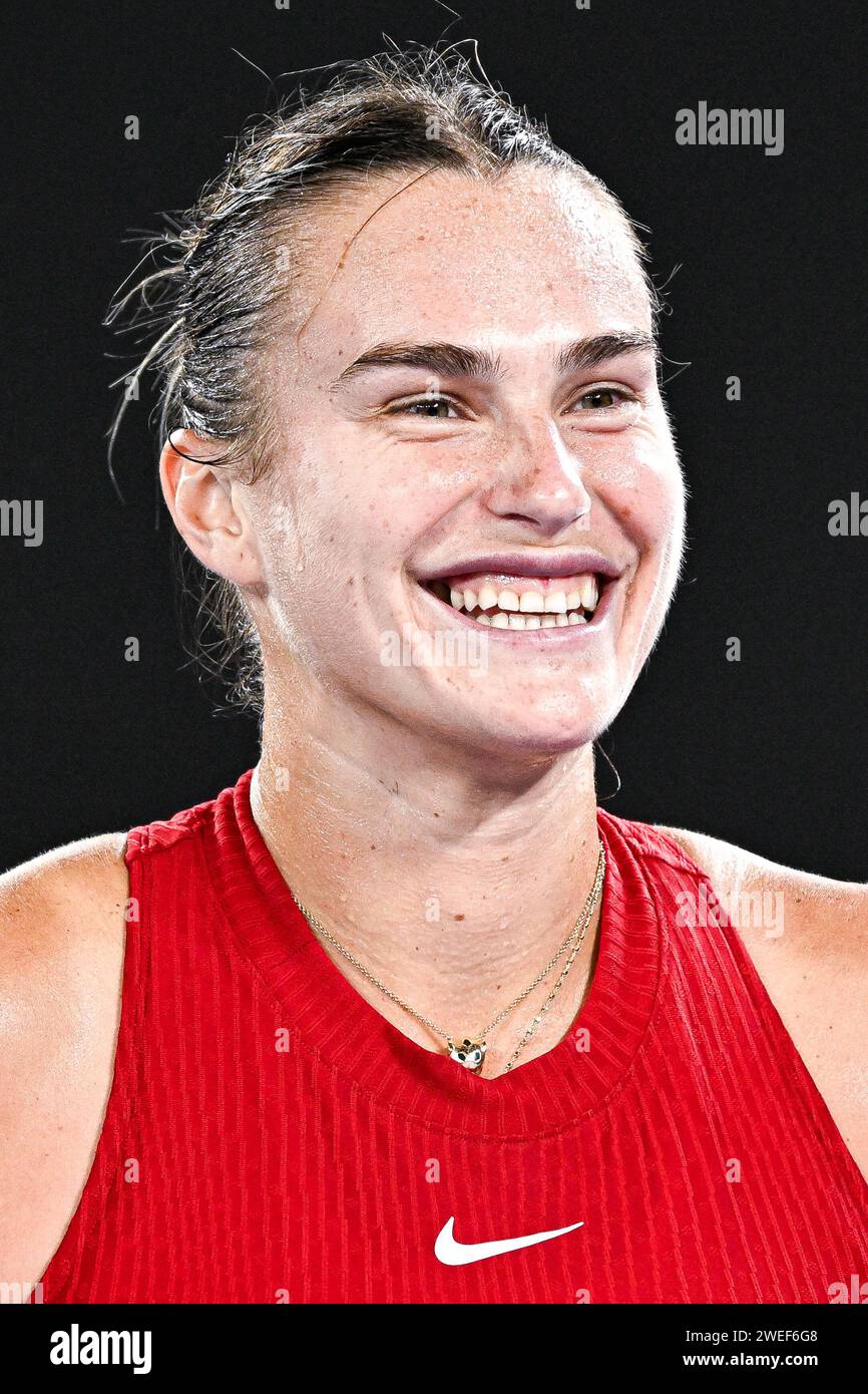 Parigi, Francia. 23 gennaio 2024. Aryna Sabalenka durante il torneo di tennis del grande Slam agli Australian Open 2024 il 23 gennaio 2024 al Melbourne Park di Melbourne, Australia. Crediti: Victor Joly/Alamy Live News Foto Stock