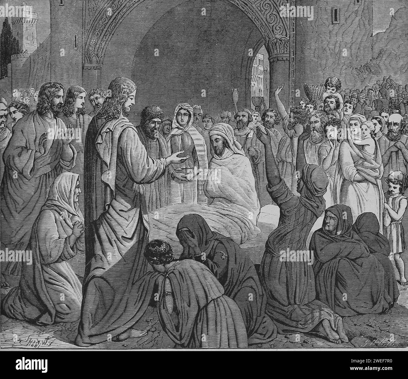Cristo cresce il figlio della vedova. Nuovo Testamento. Luca 7:14. Incisione, XIX secolo. Sacra Bibbia. Foto Stock