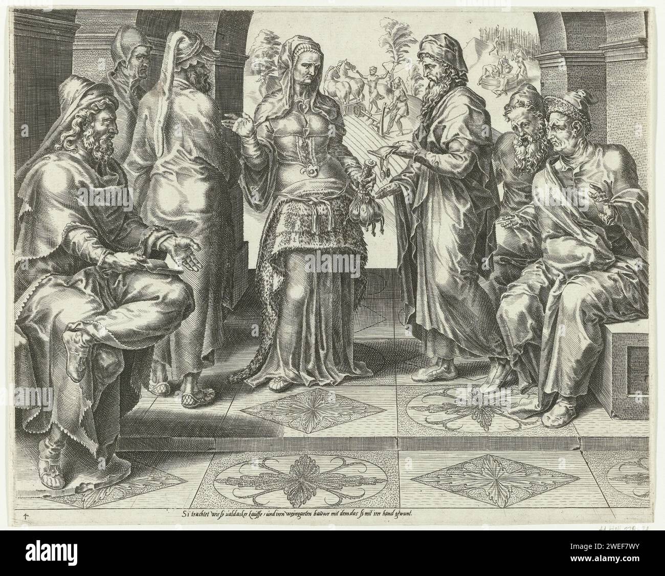 La donna virtuosa compra un campo, Dirck Volckertsz. Coornhert, dopo Maarten van Heemskerck, stampa del 1555 The Virtuous Woman dà una fiera a un commerciante. Ha comprato il campo sullo sfondo. L'impronta è basata sui Proverbi 31:16: "Se mette gli occhi su un campo, lo compra". L'immagine ha una didascalia tedesca e fa parte di una serie di sei parti della stampa che loda le attività della virtuosa casalinga. Tipografia: Haarlemafter design di: Haarlempublisher: Groningen paper etching / inciaving the book of Proverbs (with BOOK CHAPTER:VERSE). comprare. terreni coltivati. moglie ideale Foto Stock