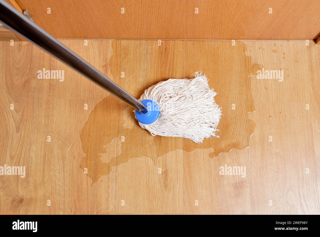 Persona che pulisce l'acqua da un tubo rotto su un parquet laminato Foto Stock