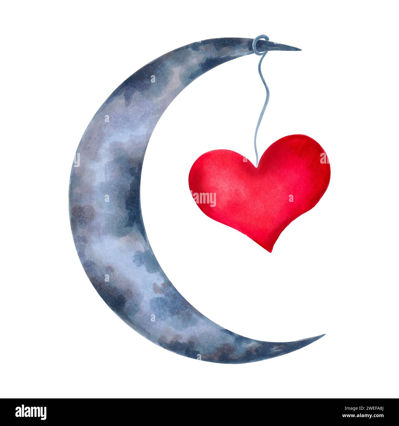 Clipart di una luna a mezzaluna con un cuore. Disegno astrologico per San Valentino. Illustrazione con acquerelli e marcatori. Composizione per adesivi Foto Stock