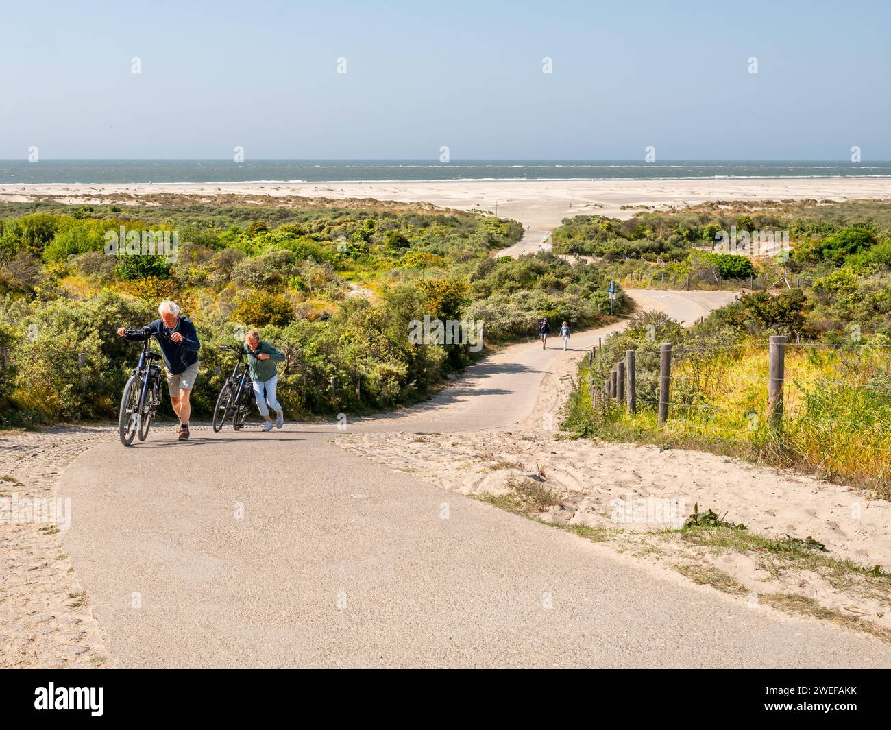 Coppia che cammina con le biciclette per arrampicarsi sulla ripida collina di Duinhoevepad nelle dune vicino a Renesse su Schouwen-Duiveland, Zelanda, Paesi Bassi Foto Stock