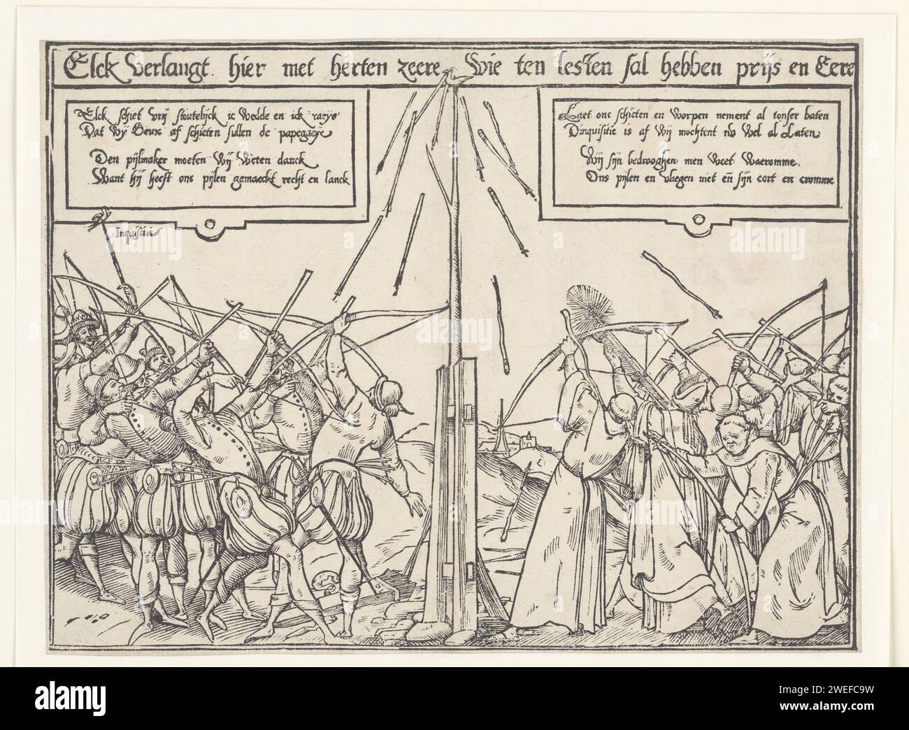 Parrot Shooting, Contest between Beggars and Monks, Anonymous, 1566 stampa Papegaaiites. Tiro a premi o tiro a volo di uccelli con freccia e arco intorno al pappagallo. A sinistra un gruppo di Geuzen spara con frecce dritte, sparando ai cattolici a destra con frecce storte in modo che non tocchino il loro obiettivo. I Geuzen hanno già sparato all'uccello dell'Inquisizione e lo tengono come un trofeo. Al centro un lungo palo con sopra il pappagallo o l'uccello. Allegoria della battaglia intorno all'introduzione dell'Inquisizione spagnola, ca. 1566. Sopra 2 cartilli con 4 linee ciascuna nel DUT Foto Stock