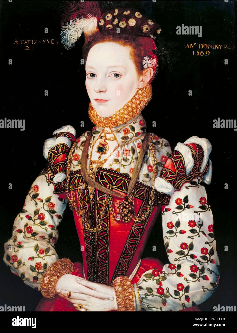 A Young Lady di 21 anni (forse Helena Snakenborg, poi marchesa di Northampton), ritratto del XVI secolo dipinto ad olio su tavola di un artista della British School, 1569 Foto Stock