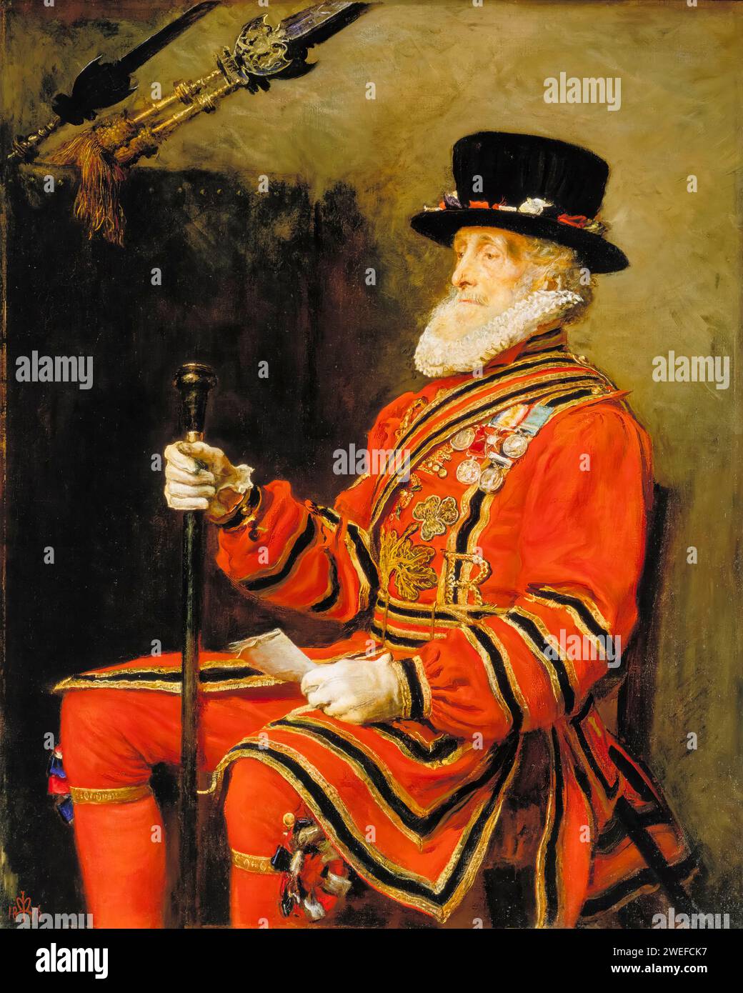 The Yeoman of the Guard (Beefeater, caporale John Charles Montague), ritratto dipinto ad olio su tela di Sir John Everett Millais, 1876 Foto Stock