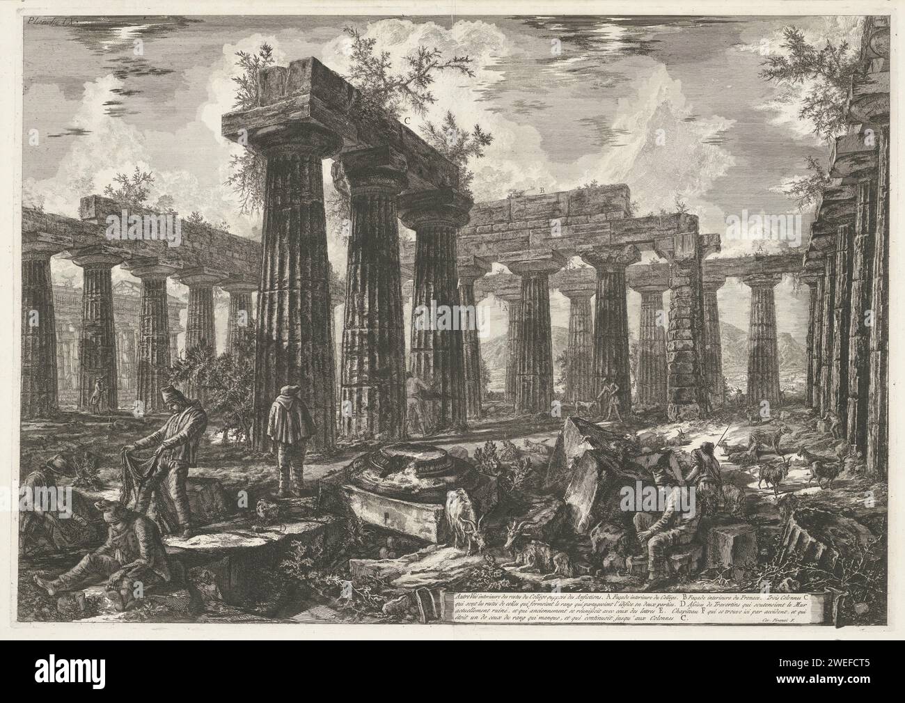 Basilica of Paestum te Paestum, Giovanni Battista Piranesi, stampa del 1778 veduta dei resti della Basilica di Paestum (chiamata sulla stampa del college des Anfictions). Titolo ed elenco esplicativo delle lettere su un banderolo in basso a destra. Numerato in alto a sinistra: planche IX Paesaggio di carta di Roma con rovine. rovina di un edificio  architettura. tempio, santuario  religione romana Paestum. Basilica di Paestum Foto Stock